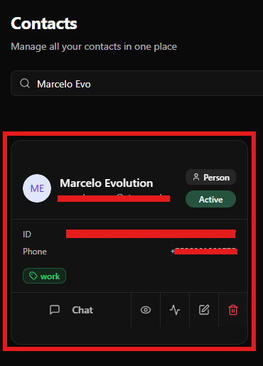 Ações ao passar o mouse sobre o contato