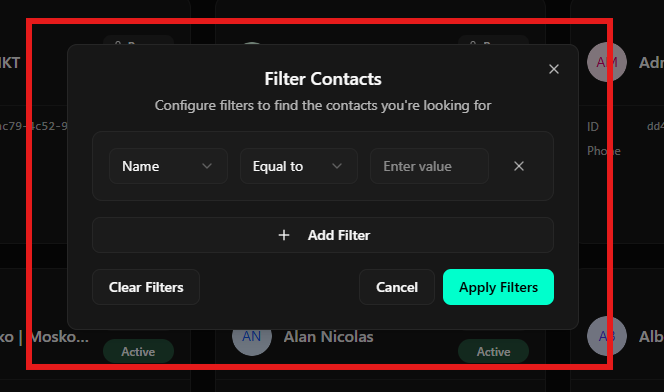 Modal de filtros de contatos