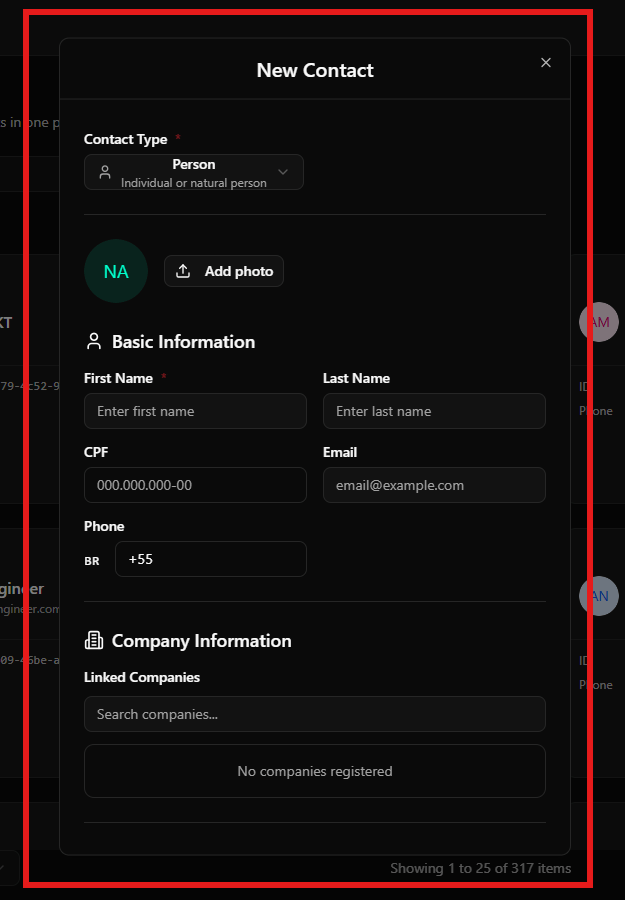 Modal de criação de novo contato