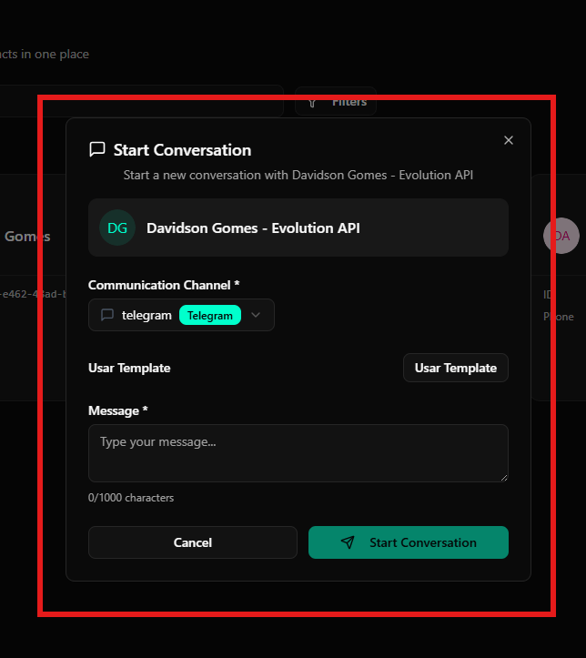 Modal para iniciar conversa