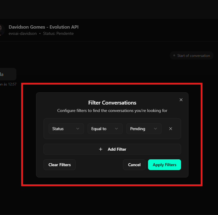 Modal de filtros de conversas