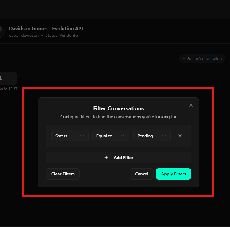 Modal de filtros de conversas