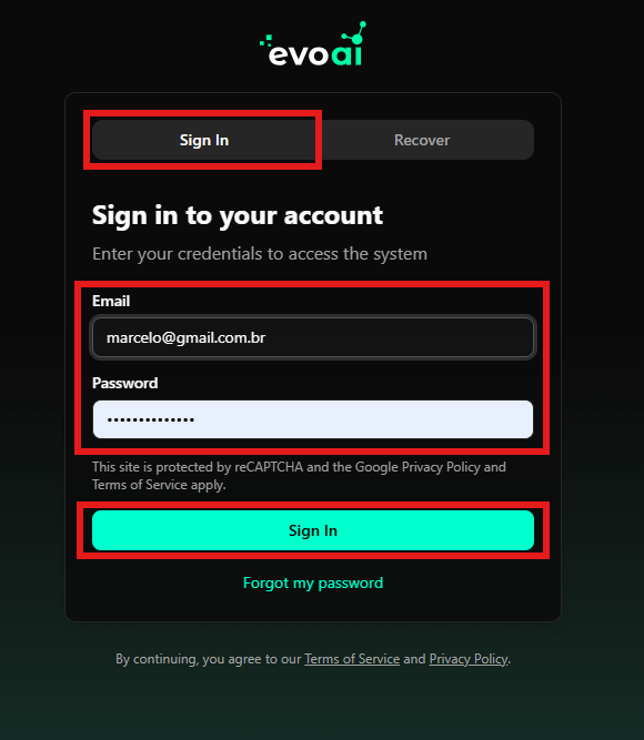 Filling email and password on the login page