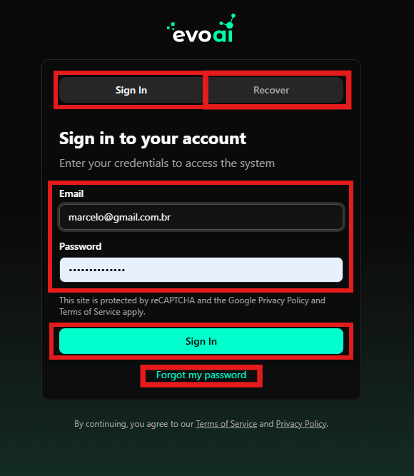 Filling email and password on the login page