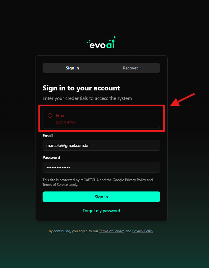 Login error message