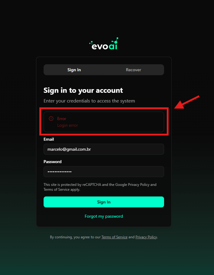 Login error message