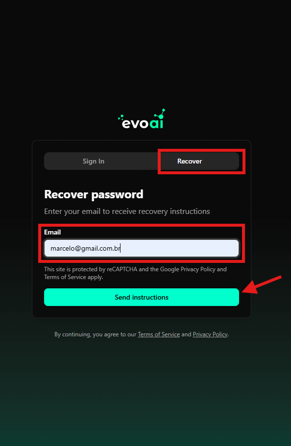 Password recovery screen