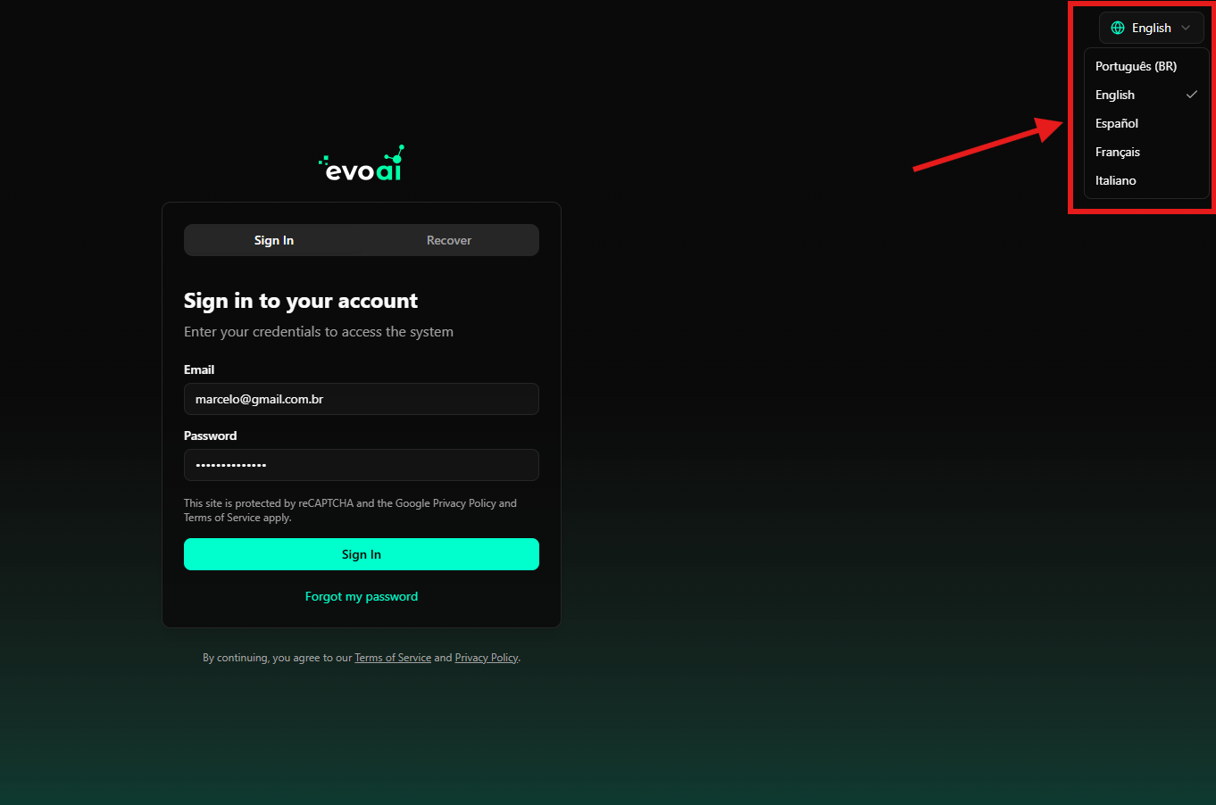 Language selector on the login page