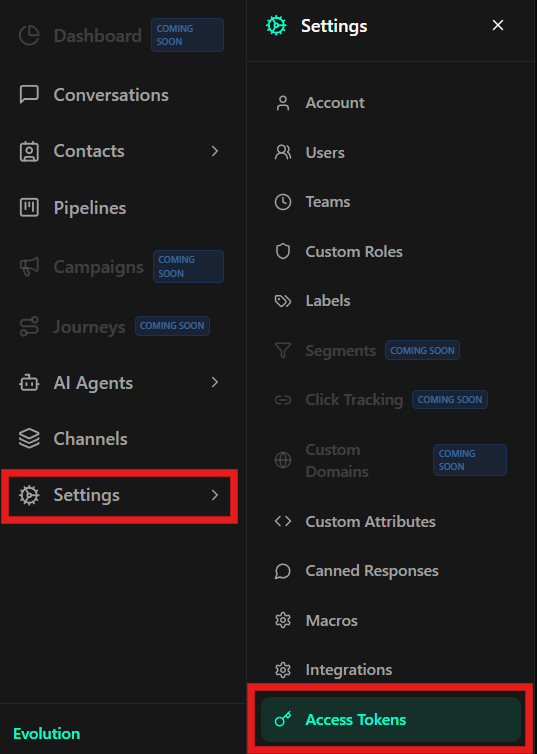 Navegação para Tokens de Acesso - Item Access Tokens destacado no menu lateral e estado vazio