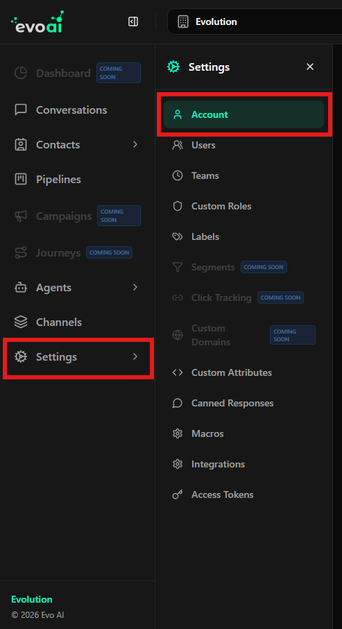 Acessando Configurações da Conta