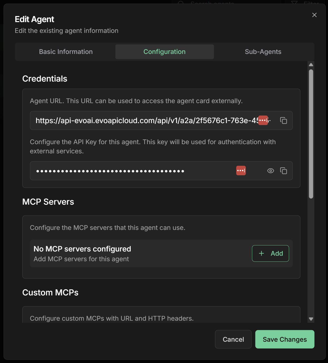 Agent Configuration Screen