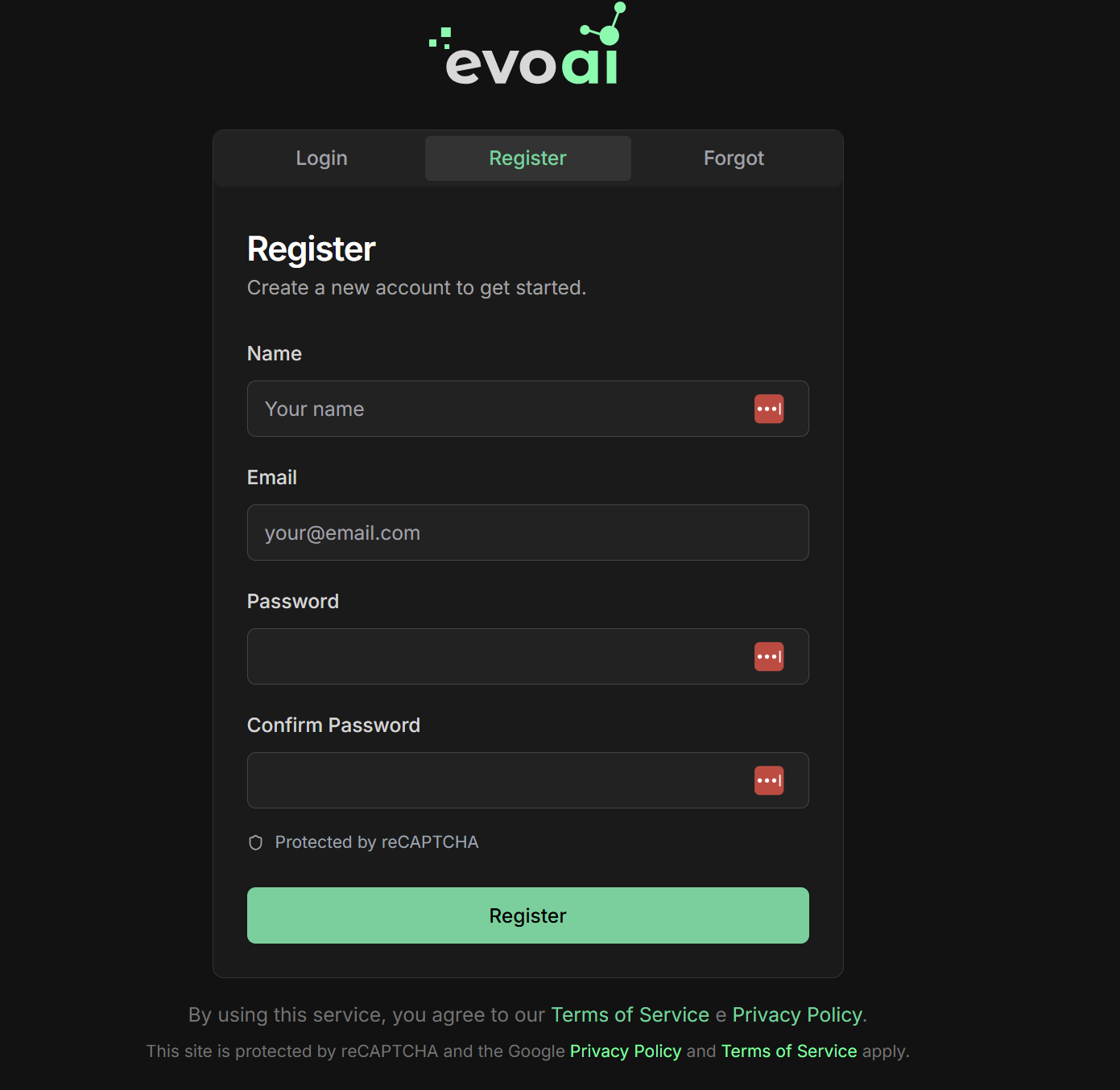 Evo AI Registration Screen