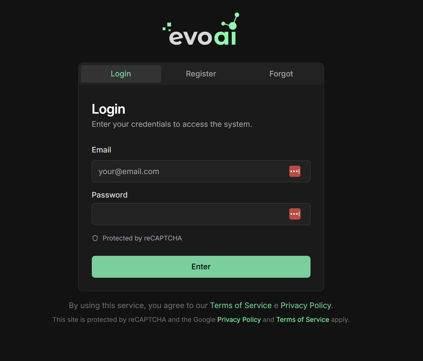 Evo AI Login Screen