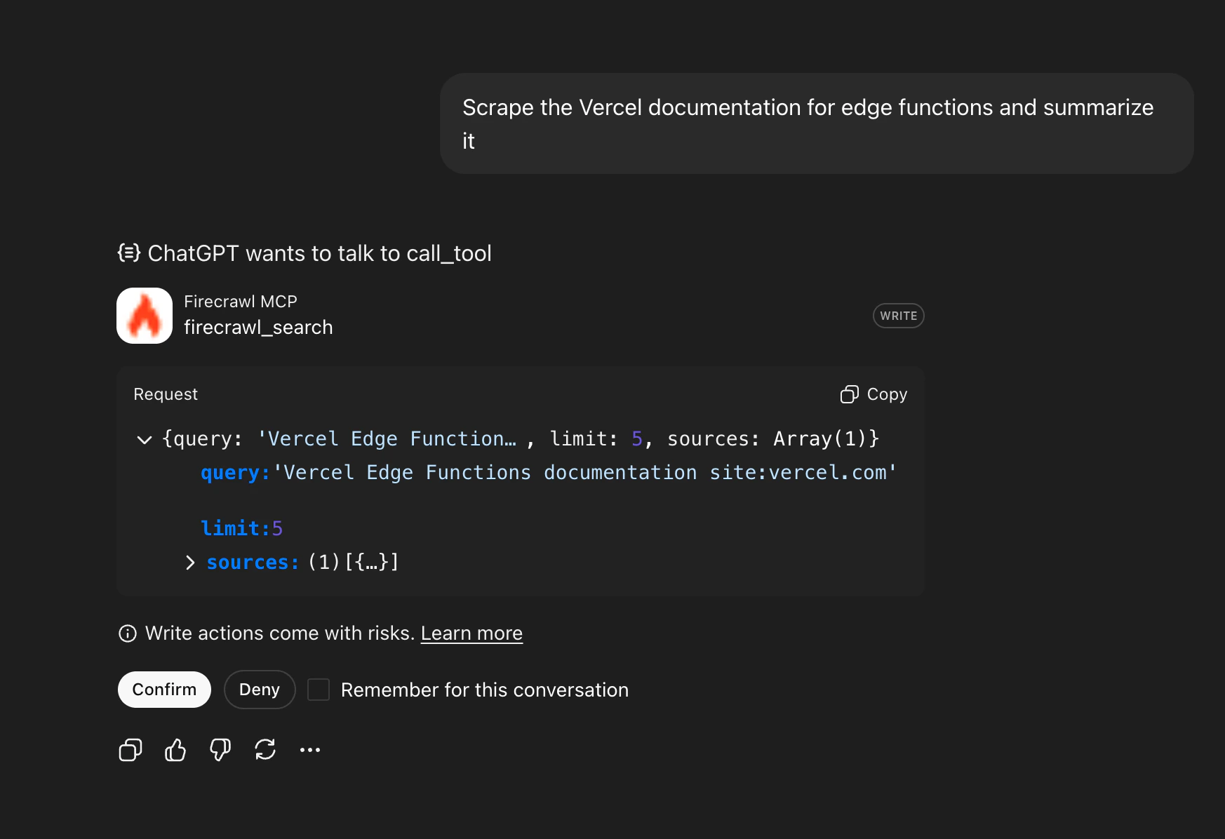 ChatGPT tool confirmation dialog showing Evocrawl MCP request