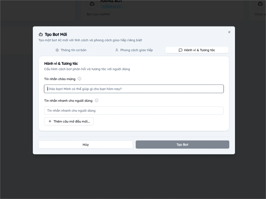 Tab Hành vi và Tương tác cho phép cấu hình tin nhắn chào mừng và các tin nhắn nhanh gợi ý cho người dùng