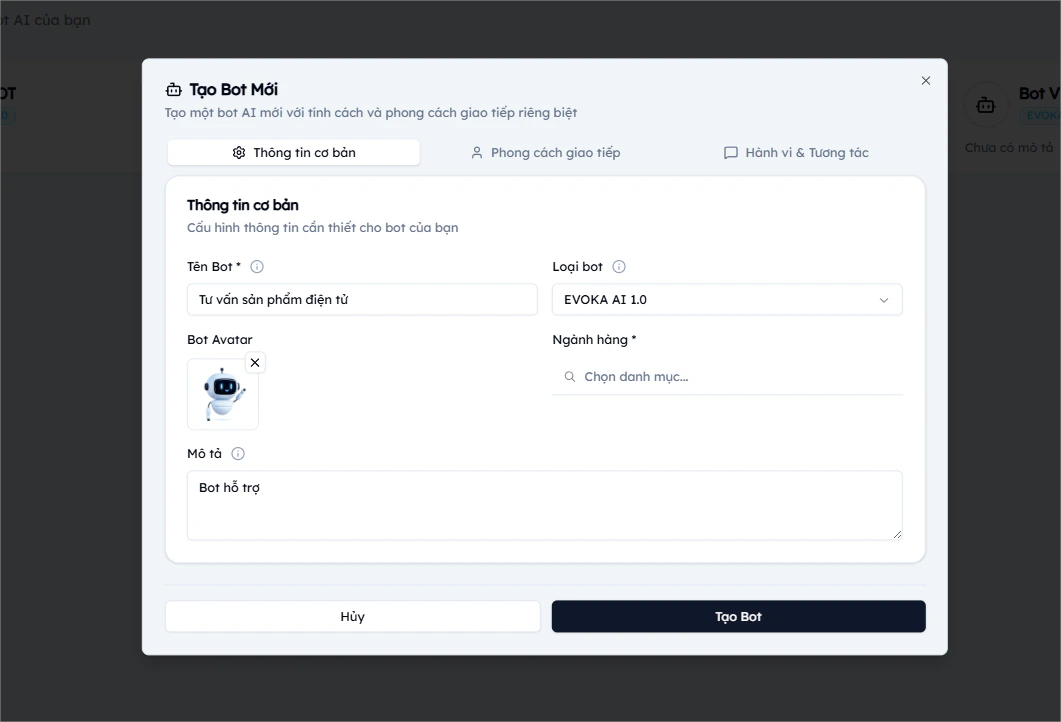 Tab Thông tin cơ bản đã điền tên bot, loại bot EVOKA AI 1.0, ngành hàng và mô tả chức năng