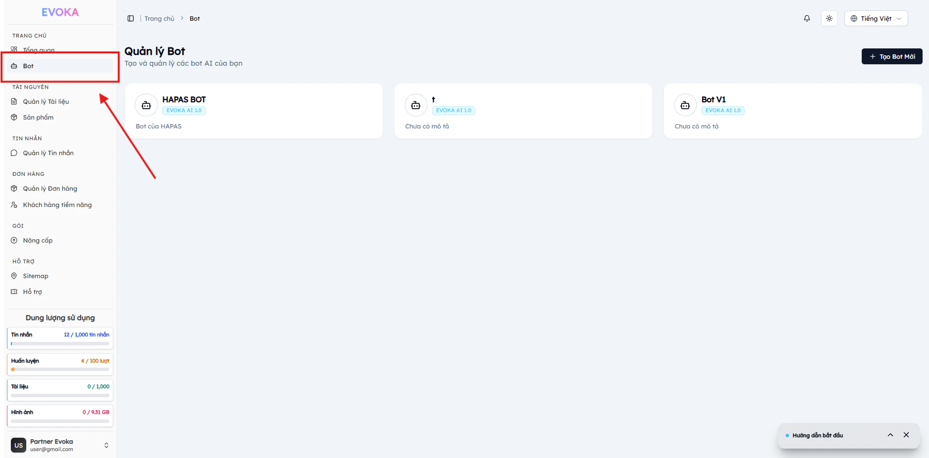 Danh sách chatbot EVOKA với nút Tạo Bot Mới trên giao diện quản lý bot