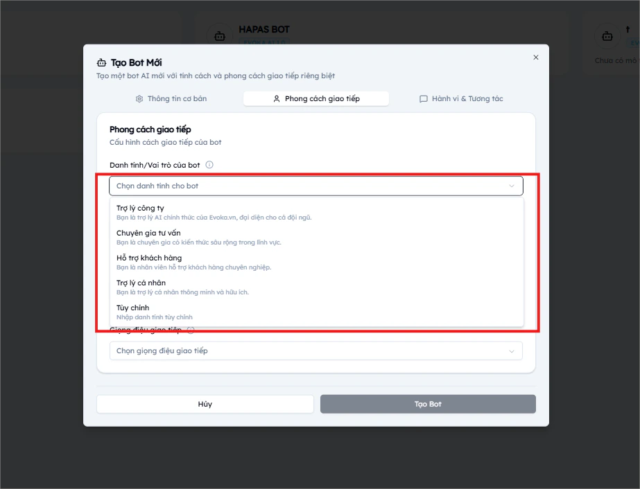 Dropdown chọn vai trò bot EVOKA với 5 tùy chọn: Trợ lý công ty, Chuyên gia tư vấn, Hỗ trợ khách hàng, Trợ lý cá nhân, Tùy chỉnh