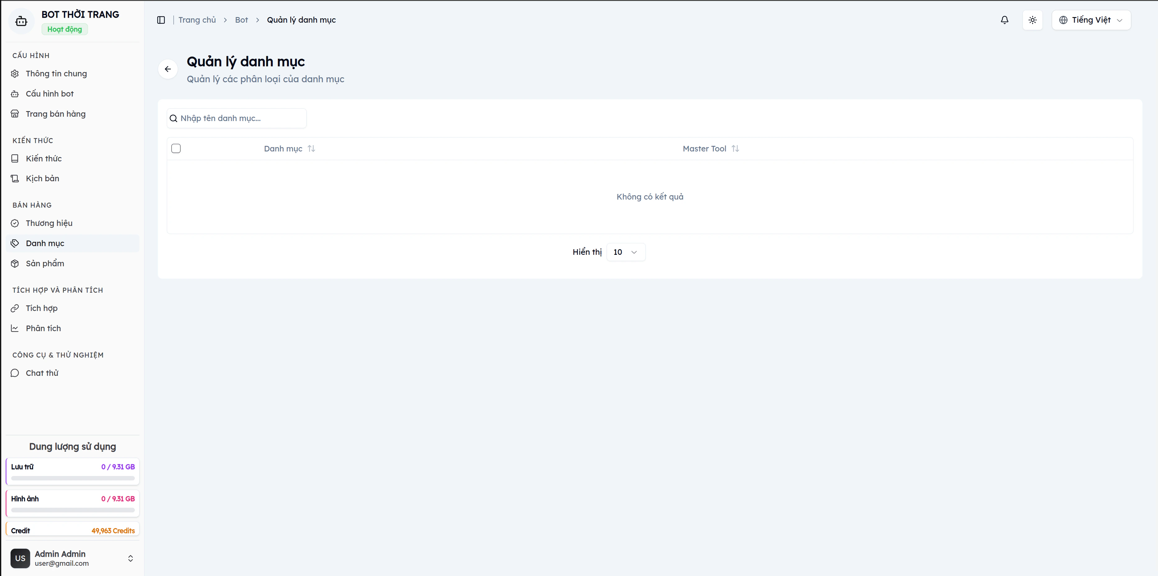 Trang quản lý danh mục EVOKA với bảng dữ liệu, ô tìm kiếm và cột Master Tool