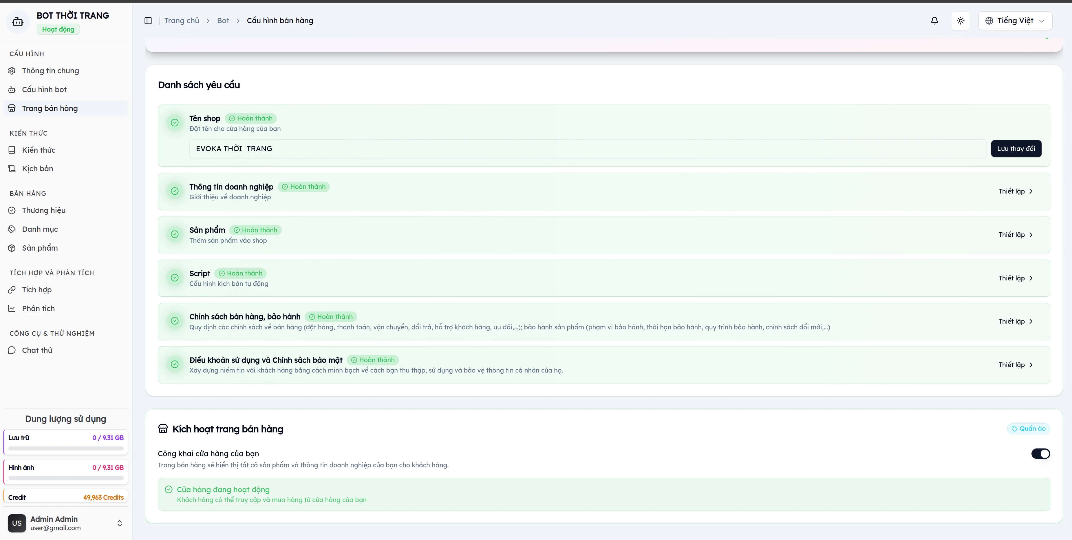 Nút kích hoạt trang bán hàng EVOKA đang bật, hiển thị 'Cửa hàng đang hoạt động'