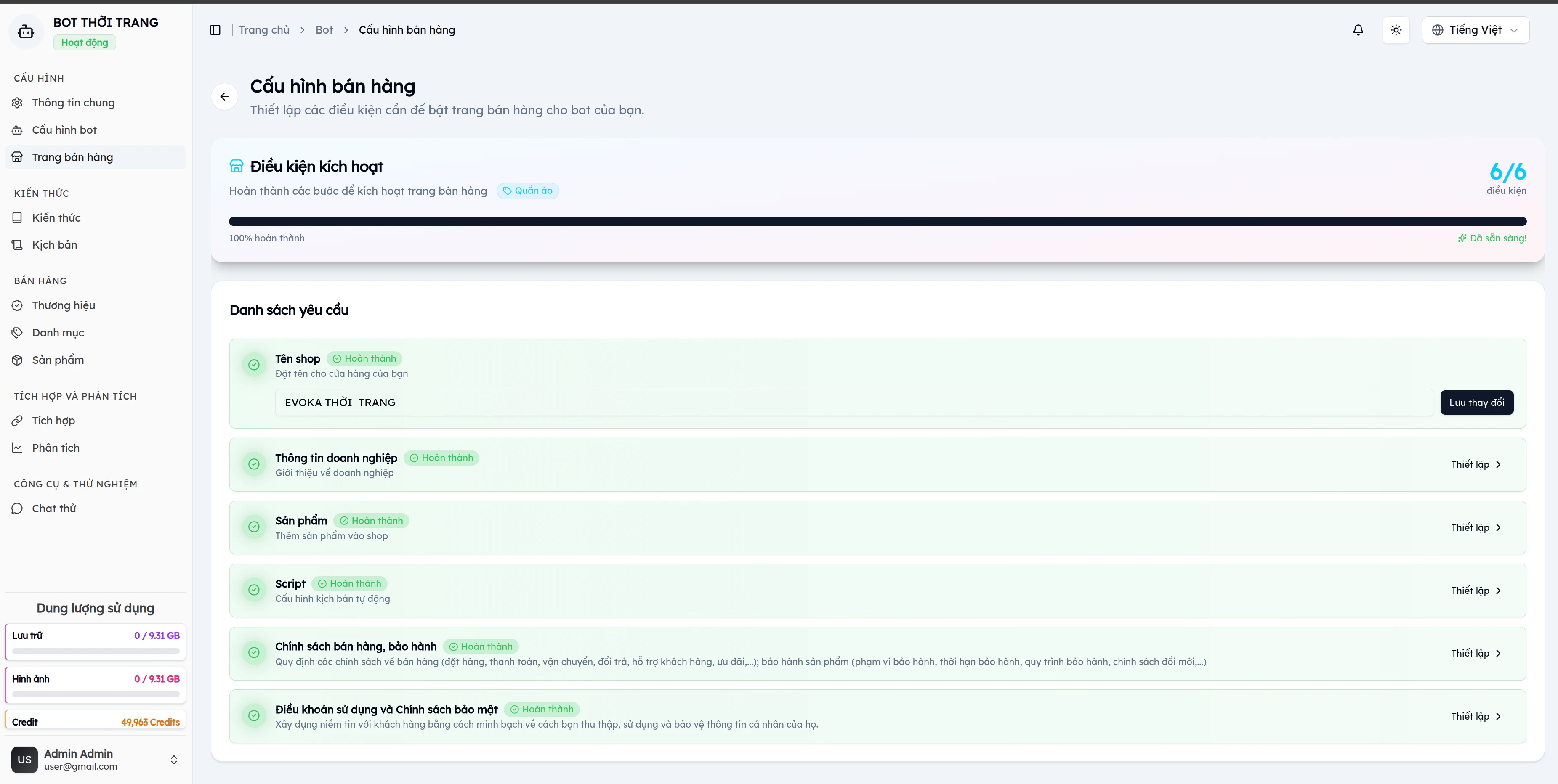 Trang cấu hình bán hàng EVOKA với 6/6 điều kiện hoàn thành và thanh tiến trình 100%