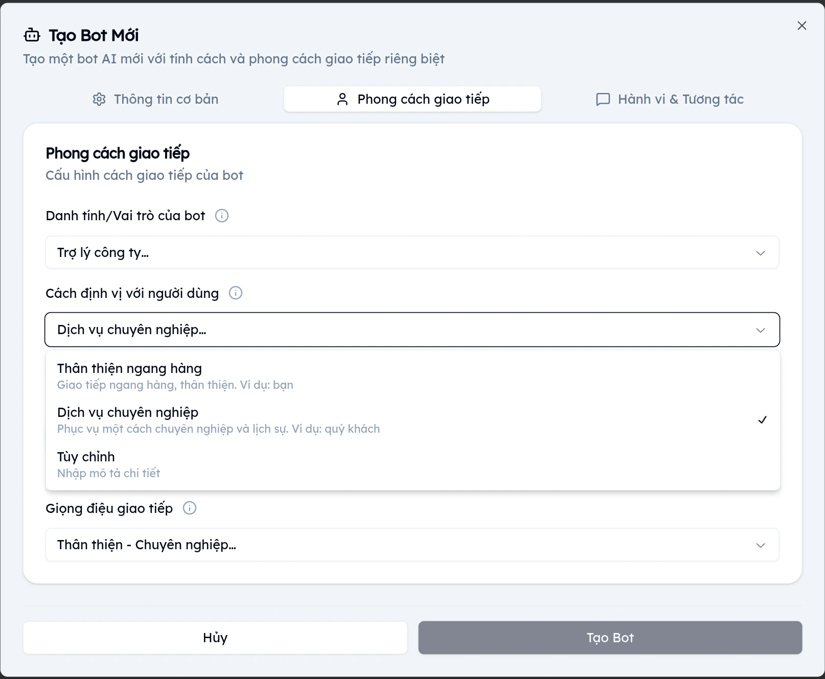 Dropdown Cách định vị với người dùng hiển thị 3 tùy chọn kèm mô tả chi tiết