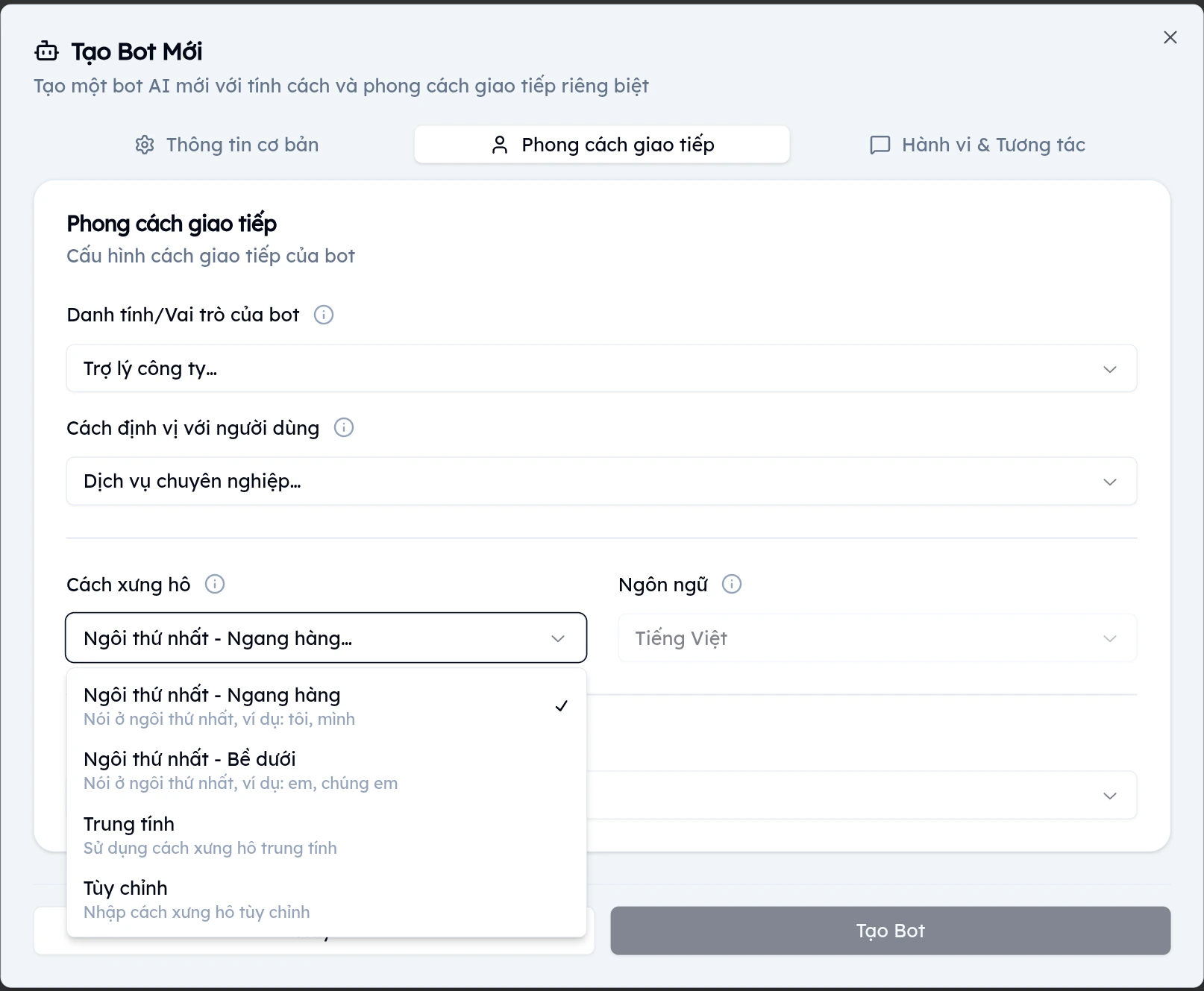 Dropdown Cách xưng hô hiển thị 4 tùy chọn: Ngôi thứ nhất Ngang hàng, Bề dưới, Trung tính, Tùy chỉnh
