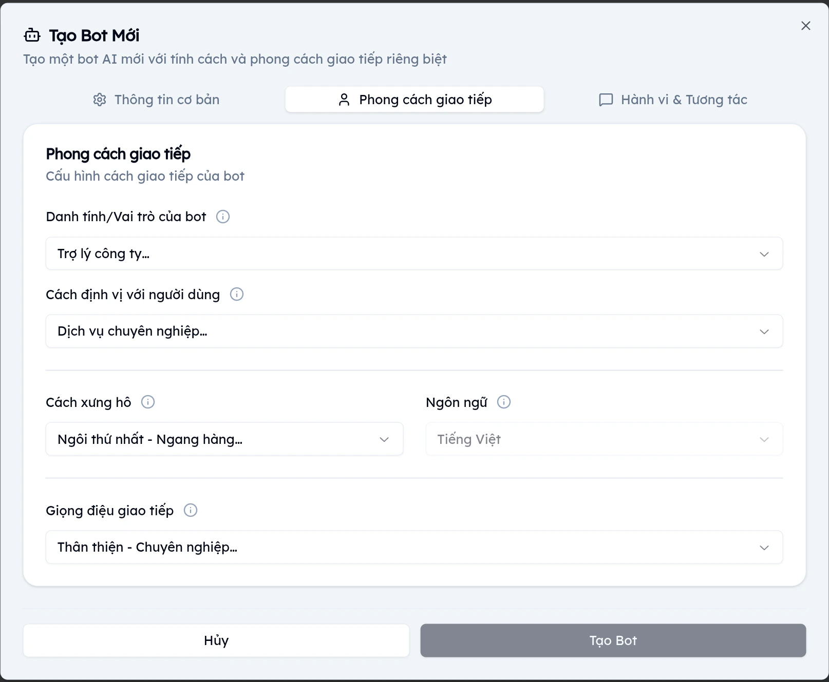 Tab Phong cách giao tiếp hiển thị 5 trường cấu hình: Danh tính, Định vị, Xưng hô, Ngôn ngữ và Giọng điệu