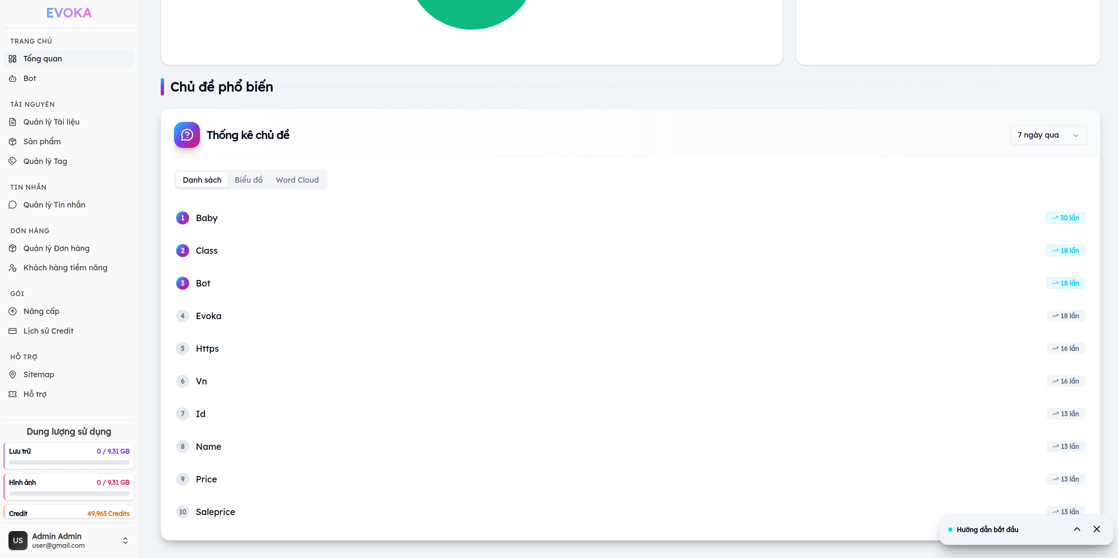 Widget thống kê chủ đề phổ biến trên EVOKA với danh sách top 10 từ khóa và số lần xuất hiện
