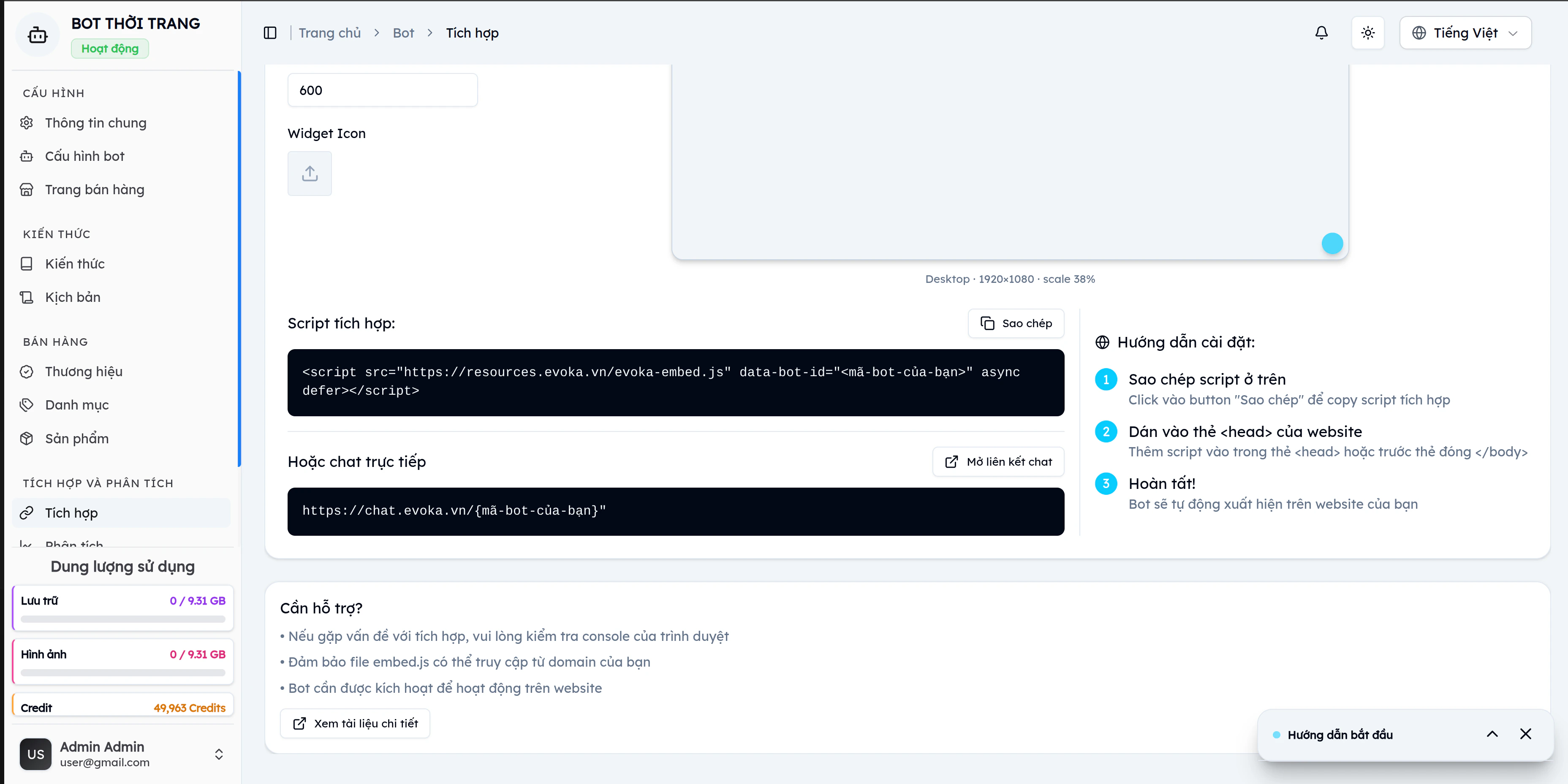 Script tích hợp EVOKA với mã nhúng, link chat trực tiếp chat.evoka.vn, và hướng dẫn 3 bước: Sao chép script, Dán vào head, Hoàn tất