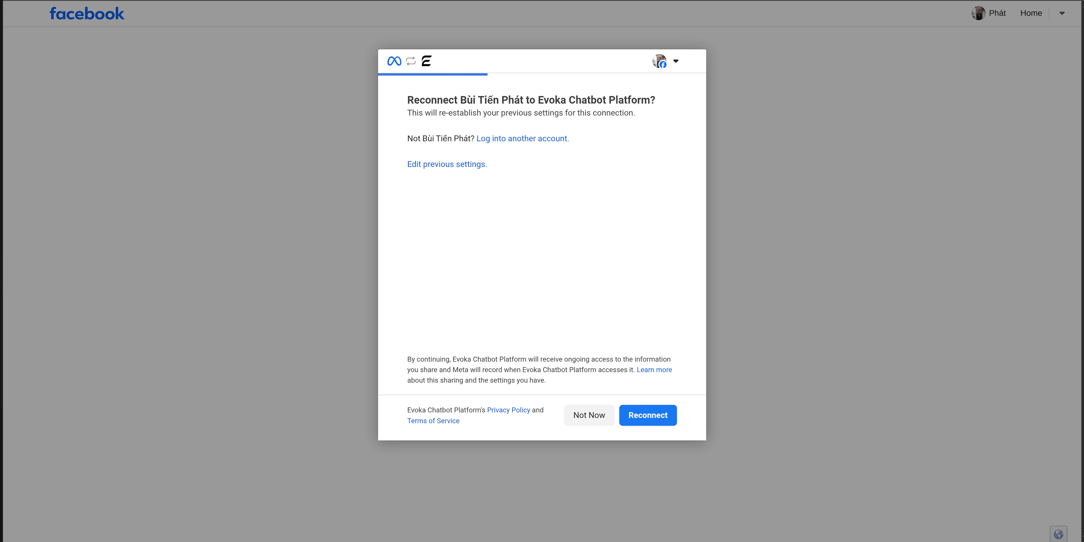 Popup Facebook OAuth hiển thị Reconnect to Evoka Chatbot Platform với nút Reconnect màu xanh và nút Not Now