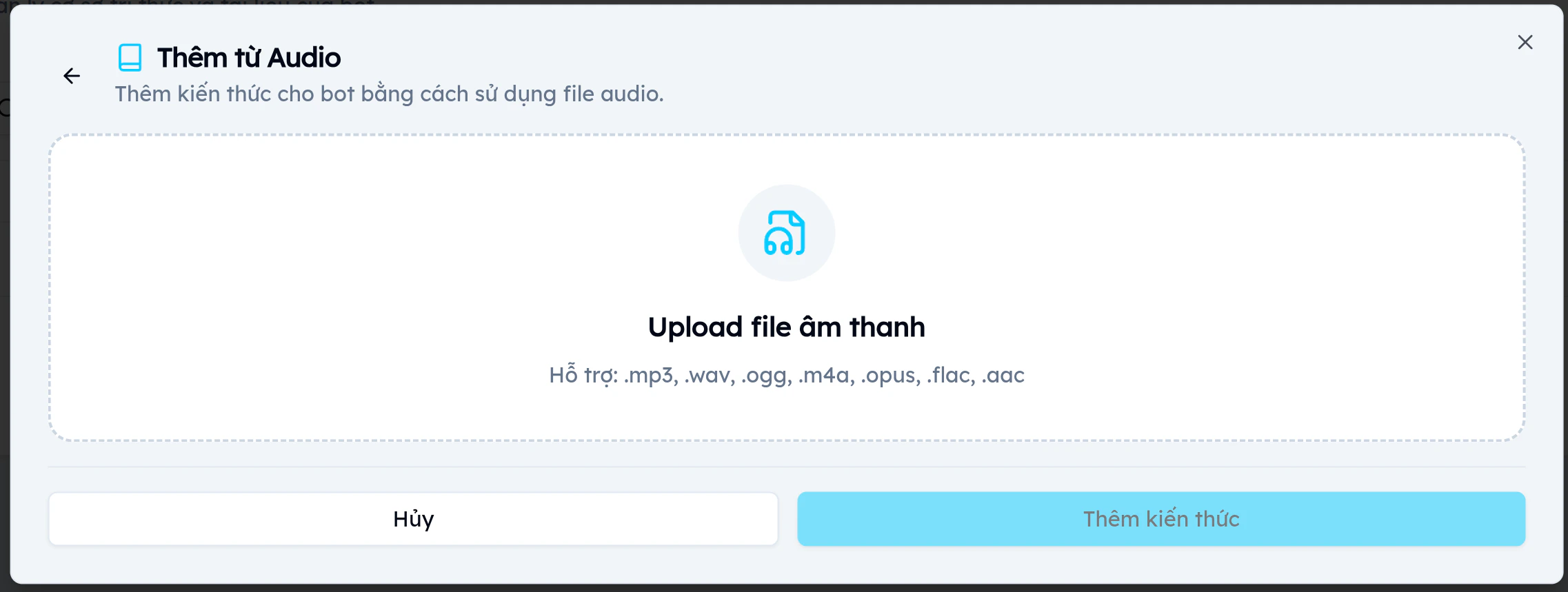 Giao diện upload file âm thanh cho chatbot EVOKA hỗ trợ 7 định dạng: mp3, wav, ogg, m4a, opus, flac, aac