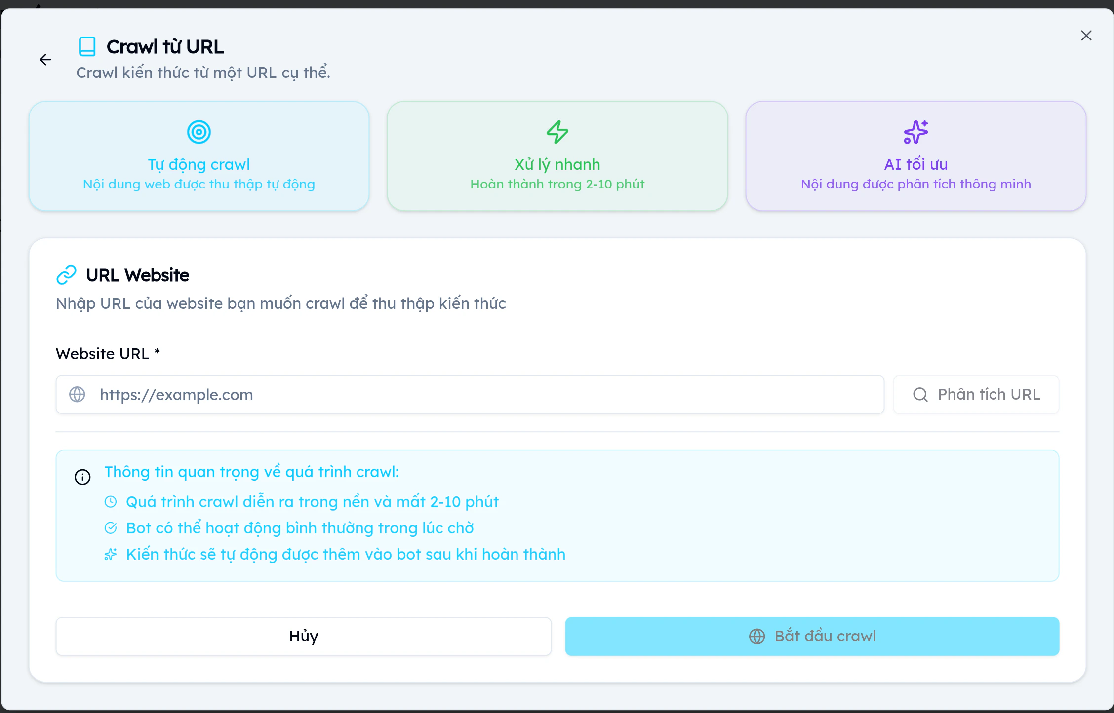 Giao diện crawl URL chatbot EVOKA với 3 tính năng: Tự động crawl, Xử lý nhanh, AI tối ưu và ô nhập URL website
