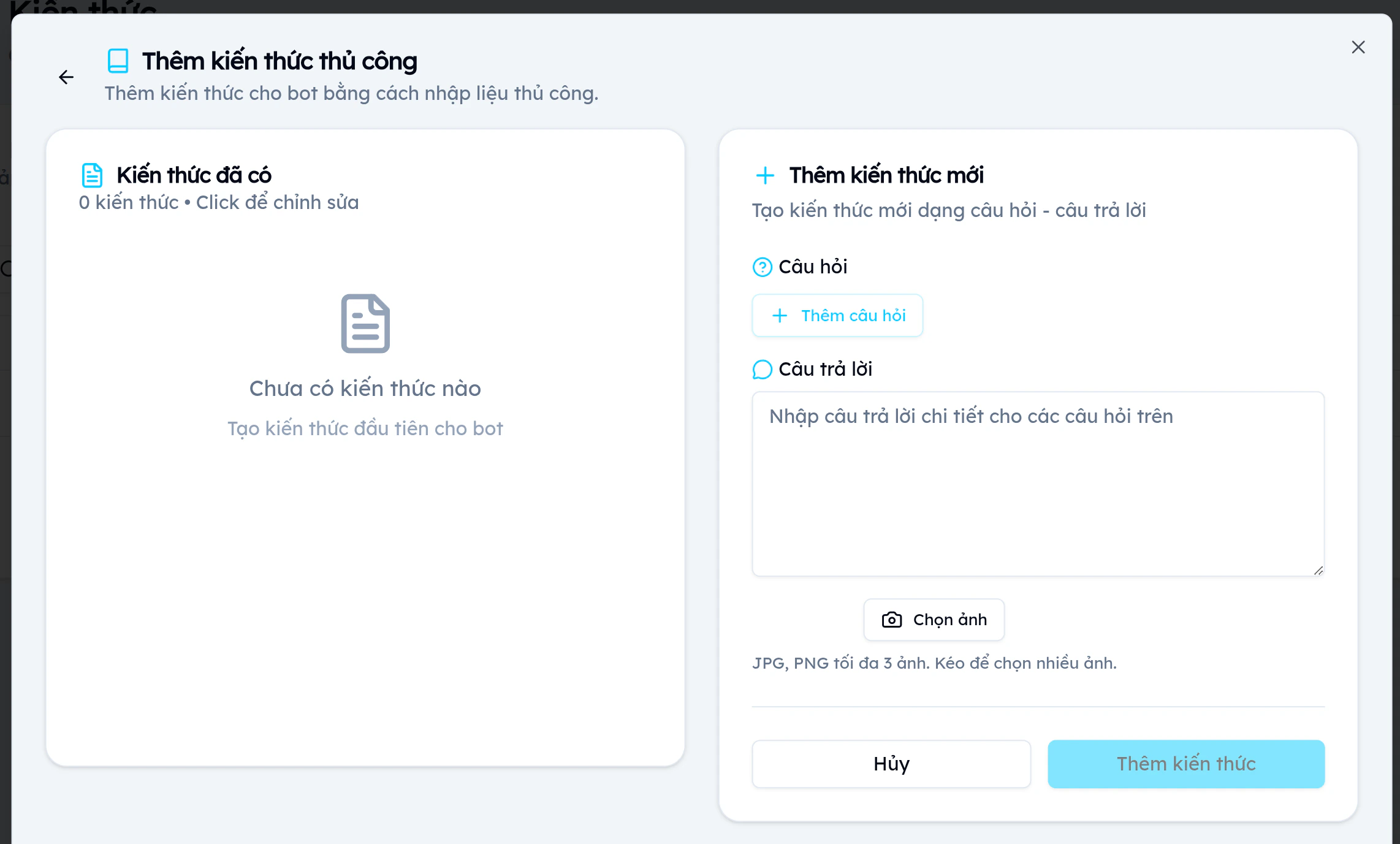 Giao diện tạo cặp câu hỏi và trả lời thủ công cho chatbot EVOKA với 2 cột: danh sách Q&A và form nhập liệu