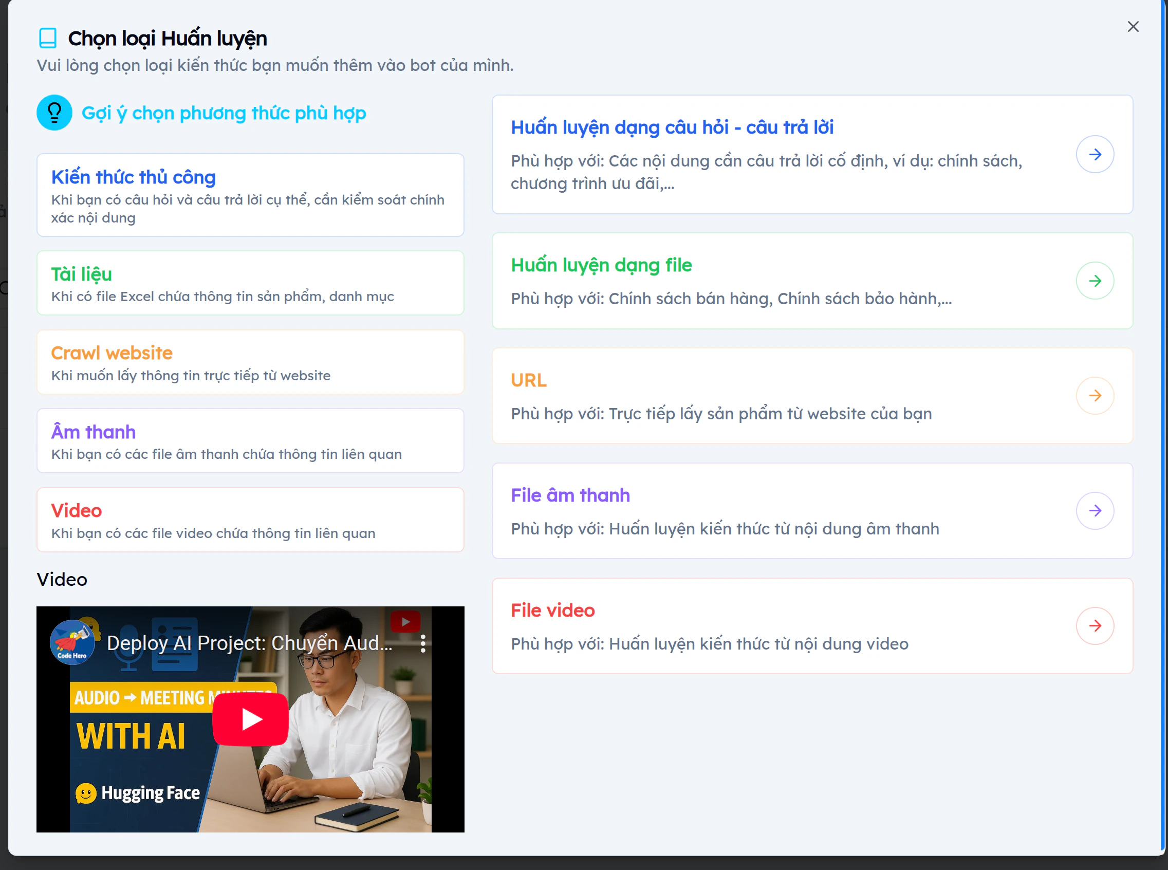 Dialog chọn loại huấn luyện chatbot EVOKA với 6 tùy chọn: Q&A thủ công, file, URL, audio, video upload và video mạng xã hội