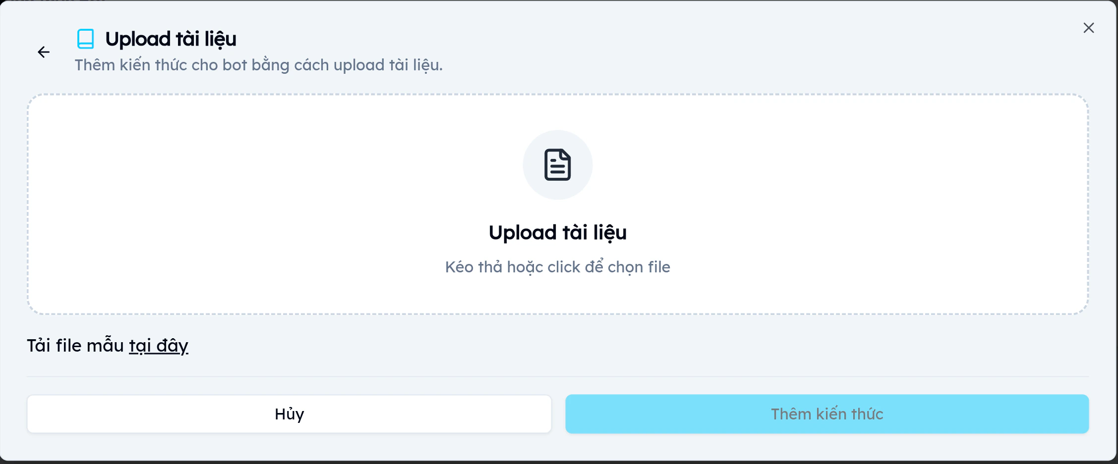 Giao diện tải lên file TXT cho chatbot EVOKA với vùng kéo thả và link tải file mẫu