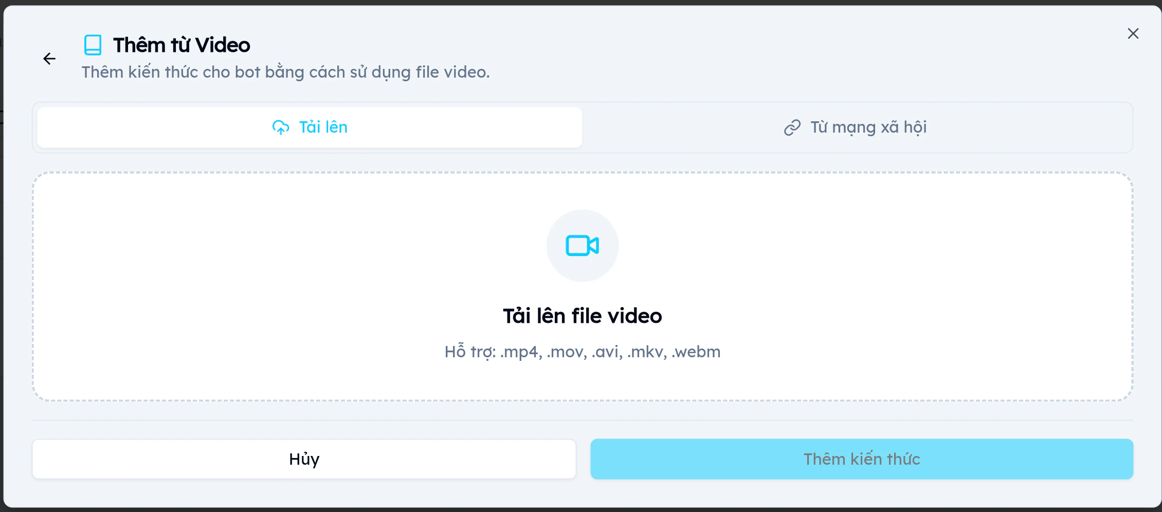 Tab tải lên file video cho chatbot EVOKA hỗ trợ 5 định dạng: mp4, mov, avi, mkv, webm