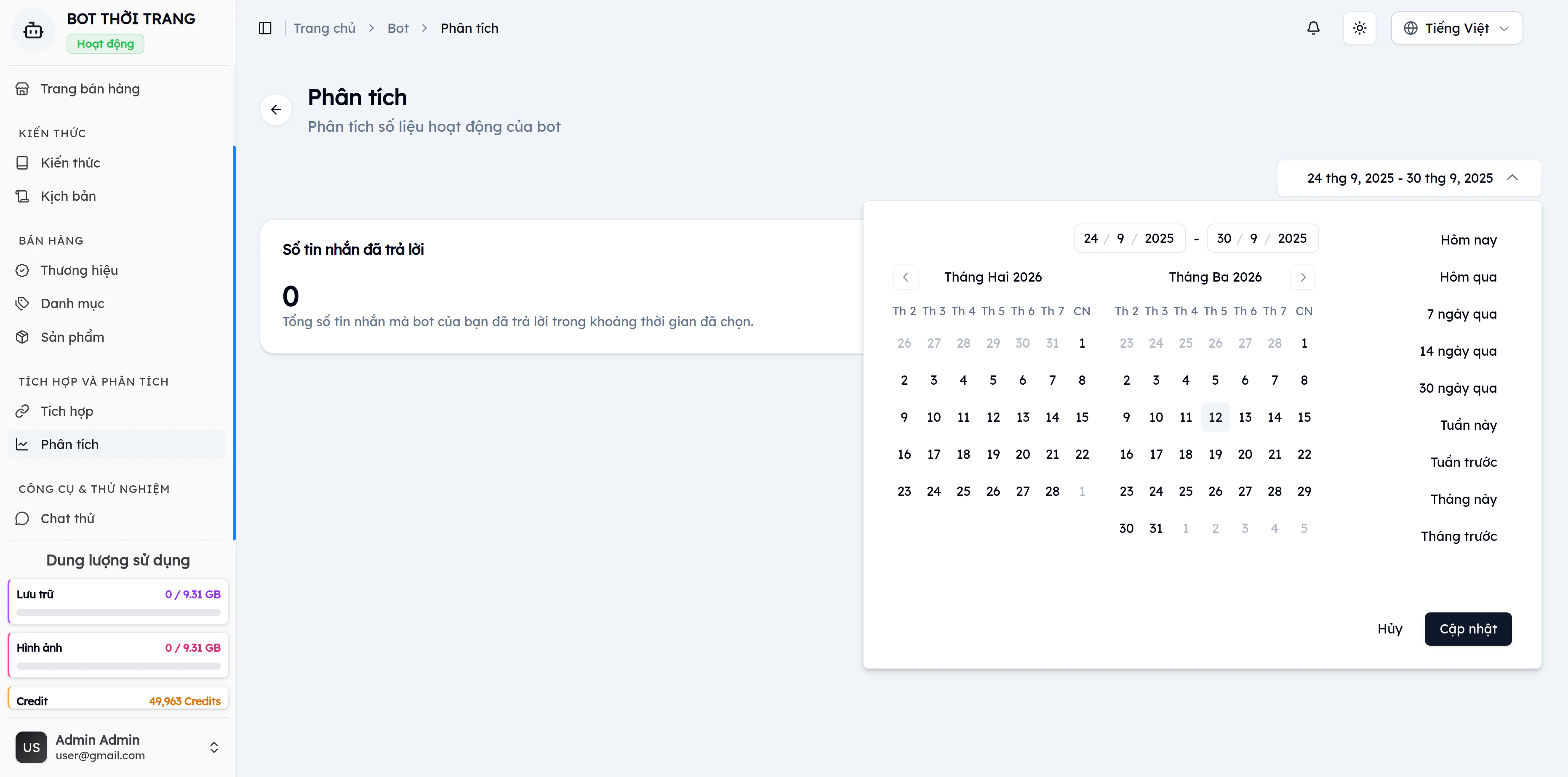 Bộ lọc thời gian EVOKA với calendar 2 tháng, bên phải có các preset: Hôm nay, Hôm qua, 7 ngày qua, 14 ngày qua, 30 ngày qua, Tuần này, Tuần trước, Tháng này, Tháng trước
