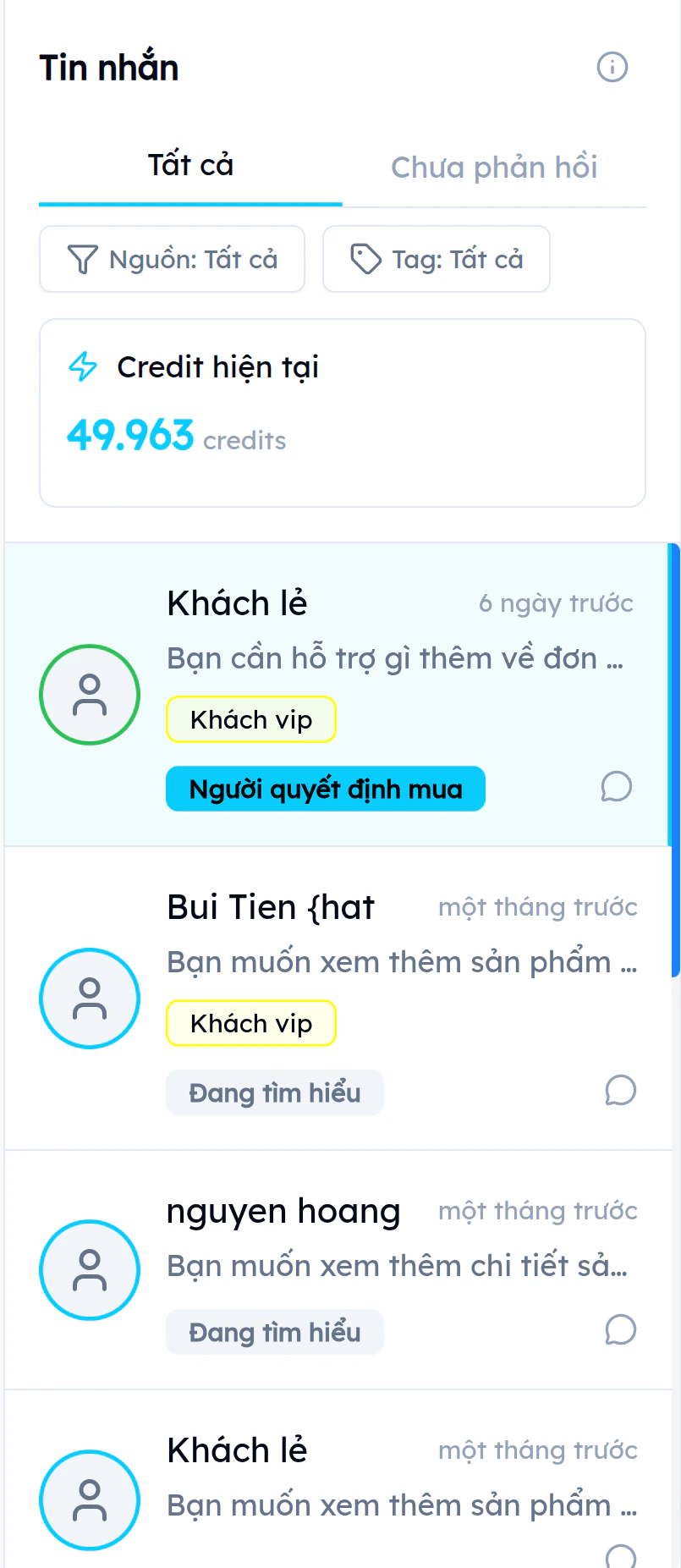 Tab Tất cả trên trang Tin nhắn EVOKA hiển thị danh sách hội thoại với nhãn Khách vip, phân loại Người quyết định mua và Đang tìm hiểu
