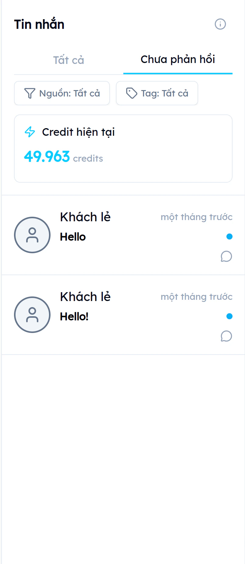 Tab Chưa phản hồi trên trang Tin nhắn EVOKA hiển thị các cuộc trò chuyện chưa đọc với dấu chấm xanh