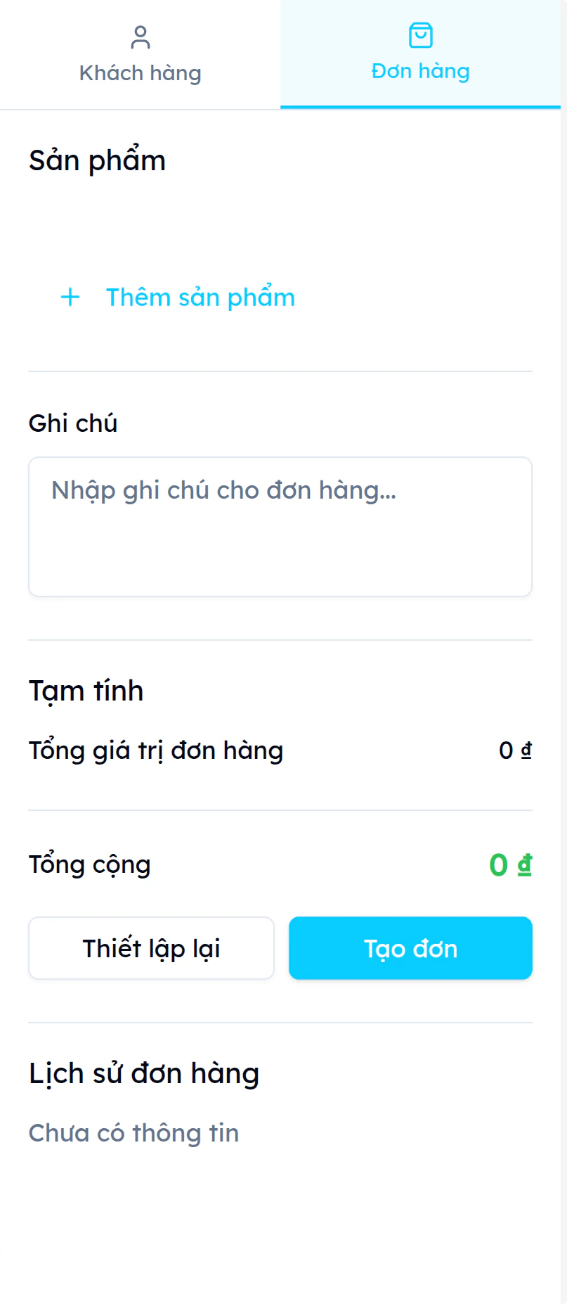 Tab Đơn hàng trên trang Tin nhắn EVOKA với các mục: Sản phẩm, Ghi chú, Tạm tính, Tổng cộng, nút Tạo đơn và Lịch sử đơn hàng