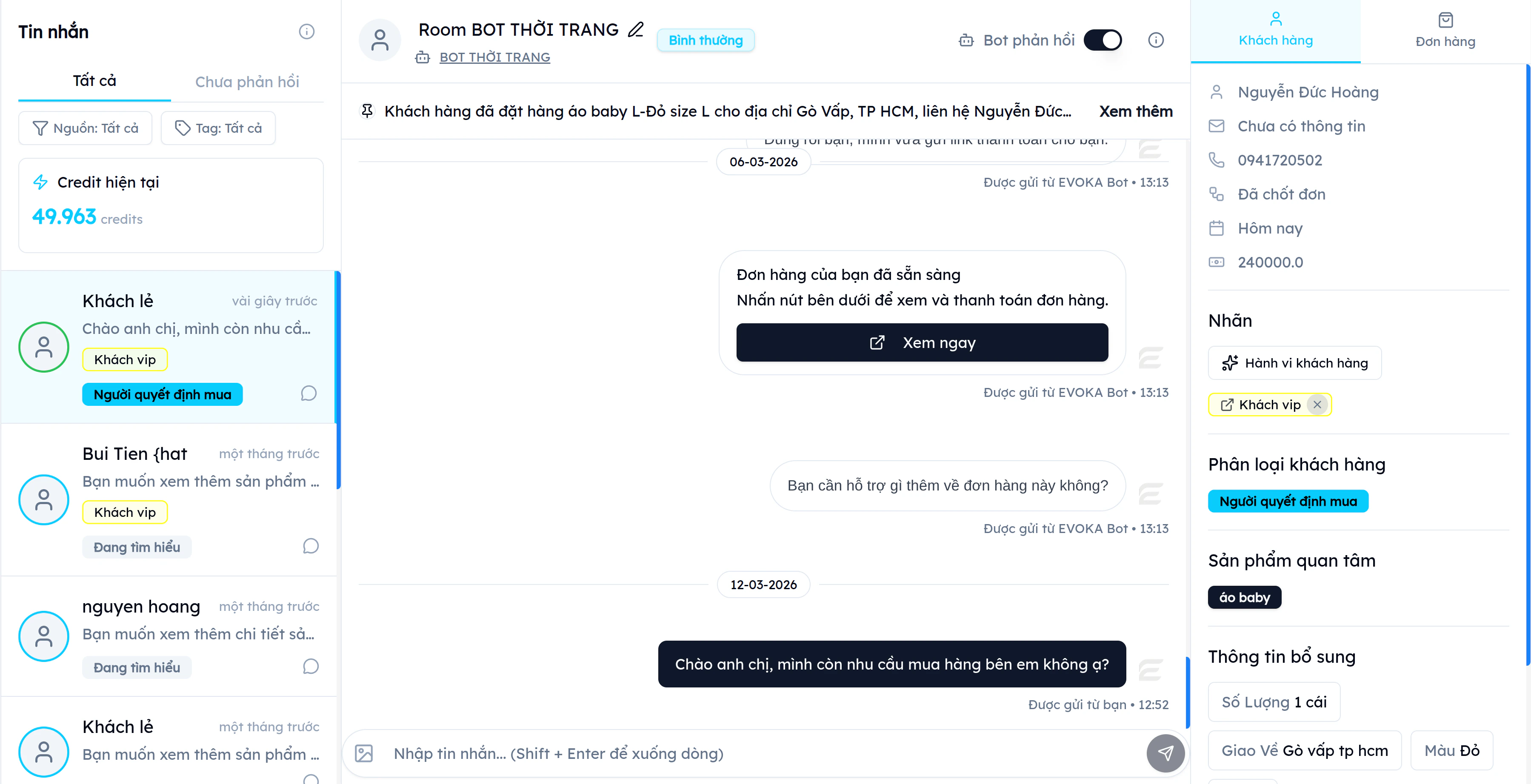 Tin nhắn phản hồi đã gửi thành công trên EVOKA — hiển thị nội dung, nhãn Được gửi từ bạn và thời gian gửi