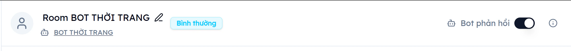 Header Tin nhắn EVOKA hiển thị Room BOT THỜI TRANG với badge cảm xúc Bình thường màu xanh nhạt và nút bật tắt Bot phản hồi