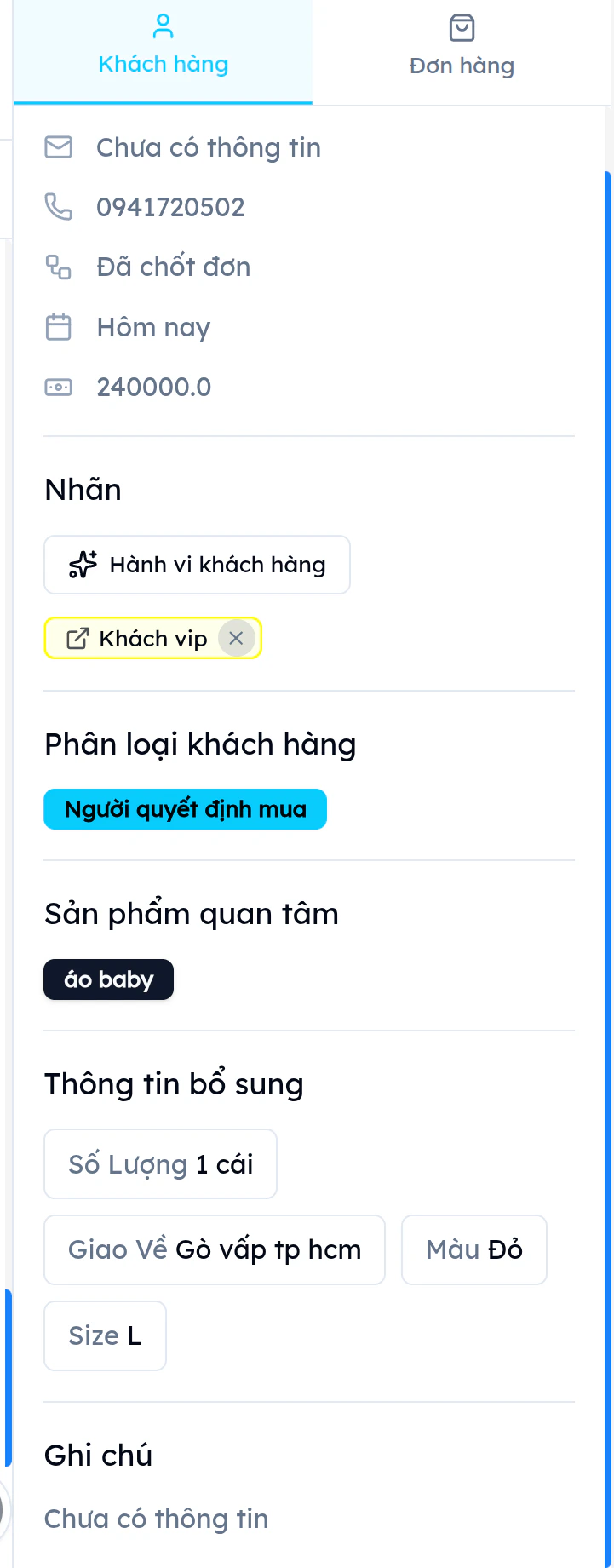 Panel chi tiết khách hàng EVOKA trong giao diện Tin nhắn hiển thị SĐT, giai đoạn Đã chốt đơn, ngân sách 240000, nhãn Khách vip, phân loại Người quyết định mua, sản phẩm áo baby và thông tin bổ sung