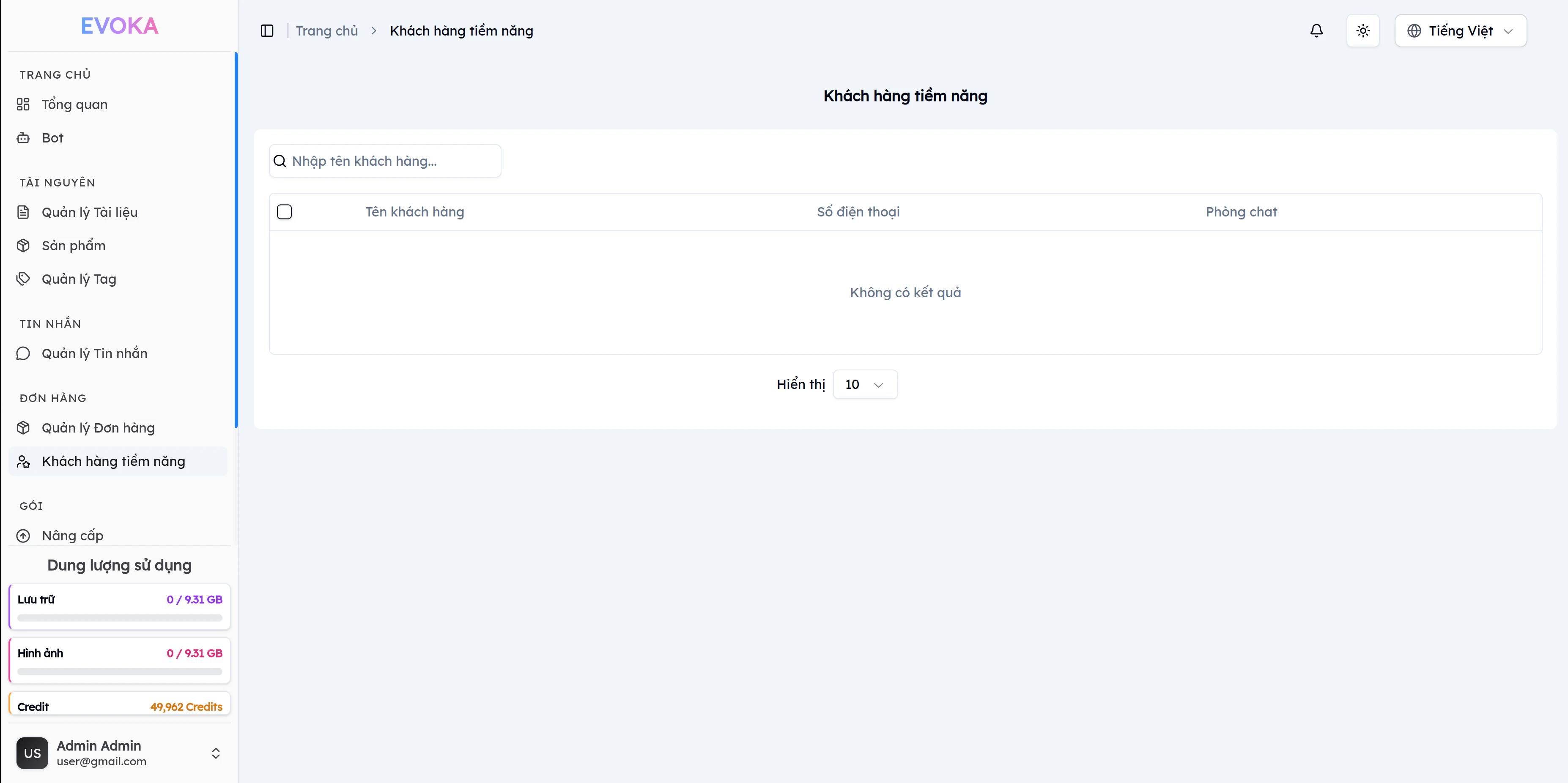 Trang danh sách khách hàng tiềm năng trên EVOKA hiển thị bảng dữ liệu với cột Tên khách hàng, Số điện thoại và Phòng chat