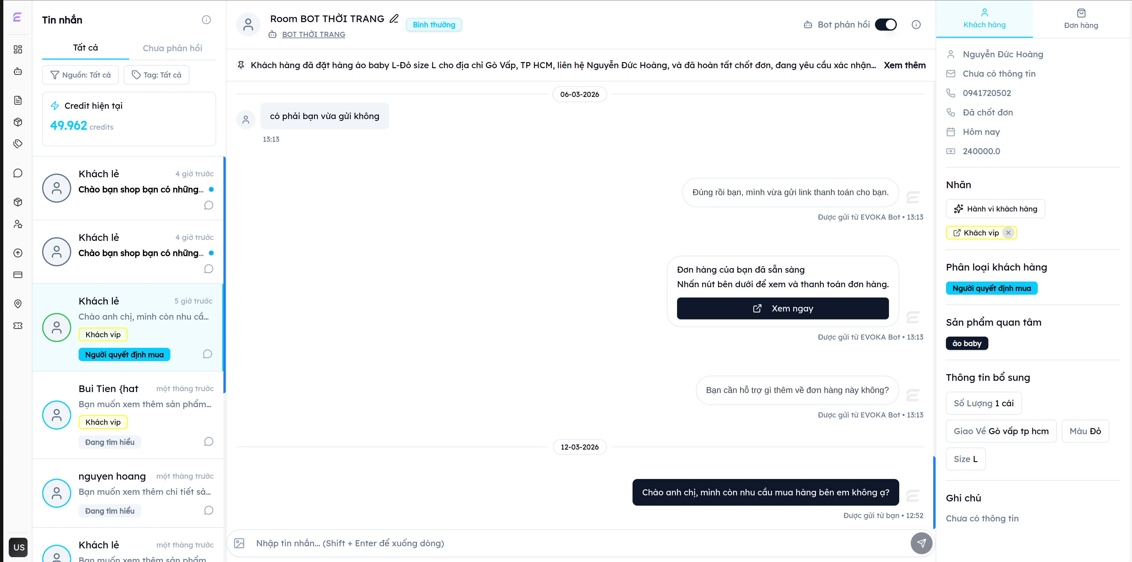 Giao diện hội thoại EVOKA với tag Khách VIP được gắn tự động, hiển thị trong panel thông tin khách hàng bên phải