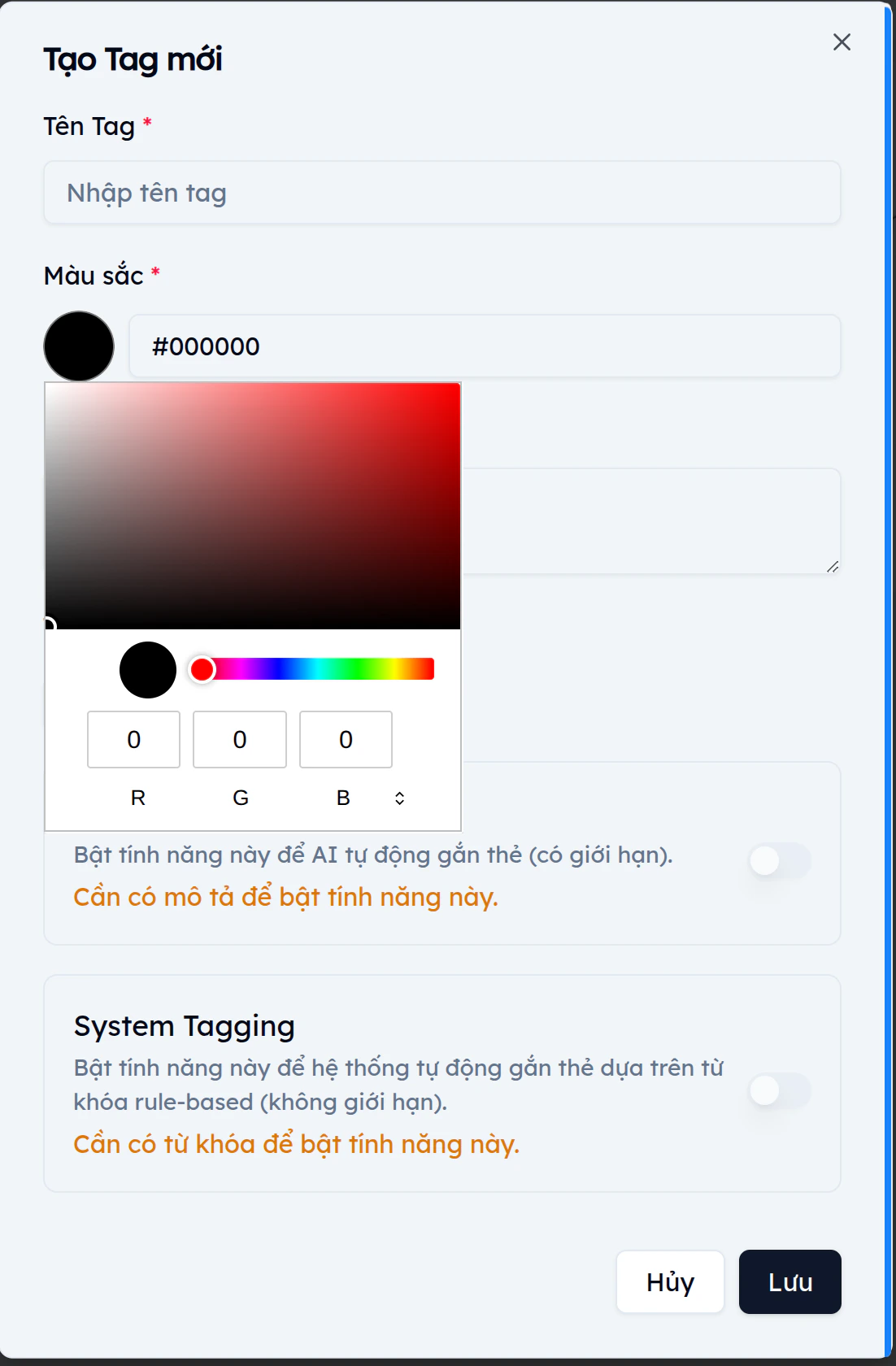 Bảng chọn màu sắc color picker khi tạo tag trên EVOKA