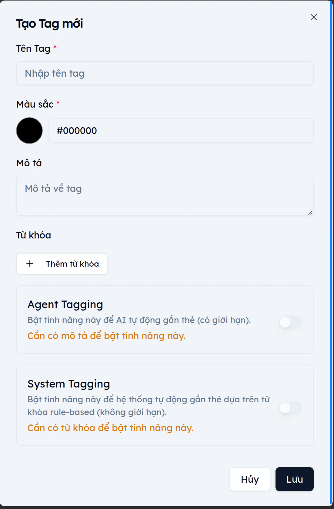 Form tạo tag mới trên EVOKA với trường Tên Tag, Màu sắc (hex), Mô tả, Từ khóa và hai toggle Agent Tagging và System Tagging