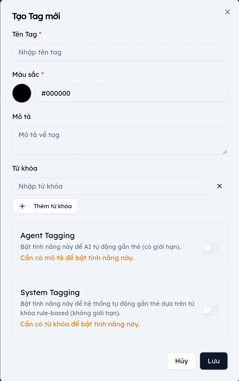 Form tạo tag trên EVOKA hiển thị ô nhập từ khóa với nút Thêm từ khóa