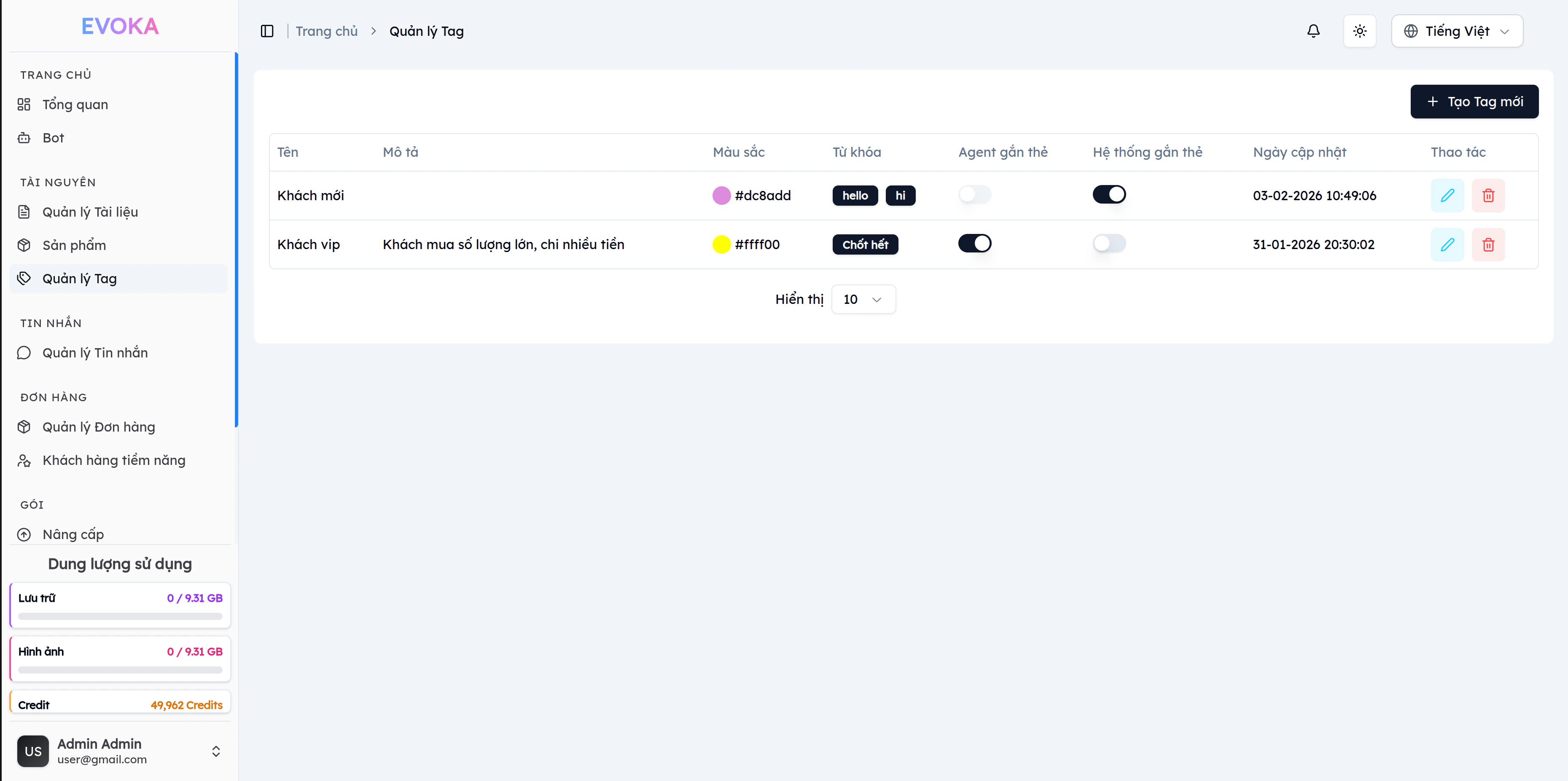 Danh sách tag trên EVOKA hiển thị các tag Khách mới và Khách VIP với cột tên, mô tả, màu sắc, từ khóa, trạng thái Agent gắn thẻ, Hệ thống gắn thẻ